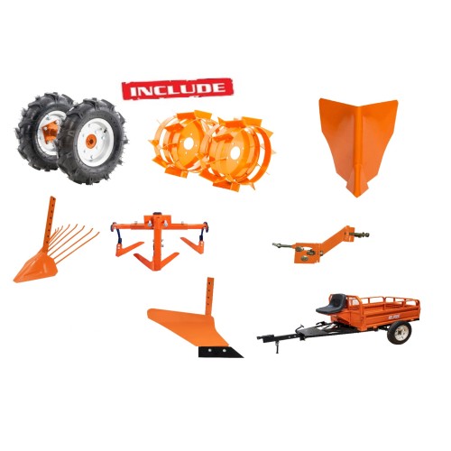 Motosapa DAC 7000ACC4 + roti cauciuc 4.00-8+rarita+plug+adaptor+dispozitiv scos cartofi+roti metalice 400 fara manicot+cultivator+remorca RURIS 450S