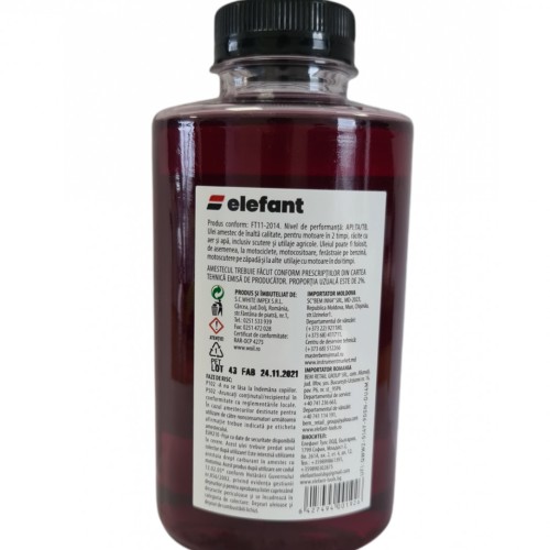 Ulei 0.5L, rosu amestec, motoare 2T, 30 ml/l, Elefant
