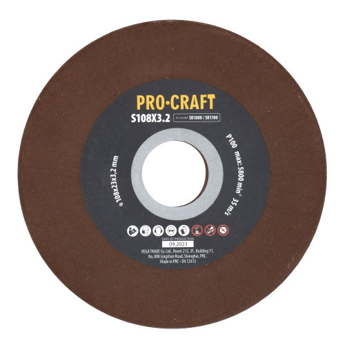 Disc de ascutit pentru ascutitor cu lant S108x23x3.2 GRANULATIE P100, NUMAR ROTATII 5800 RPM PROCRAFT