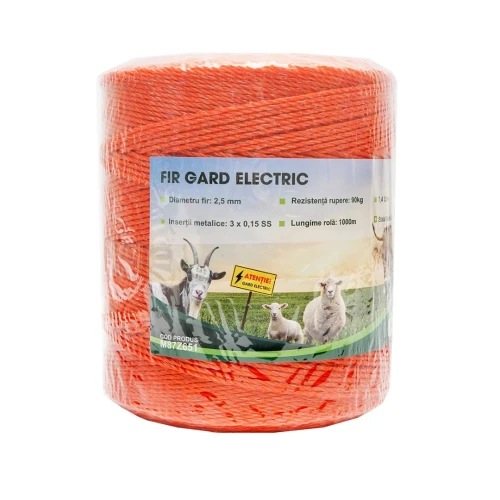 Rola fir portocaliu fi 2.5mm insertie metalica 3x0.15mm SS, rezistenta 7.4 Ohm/m, 1000m gard electric Mezofarm