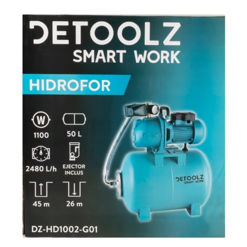 Hidrofor Detoolz 1.1 kW, debit maxim 2480lh, inaltime maxima de pompare 45m, corp pompa fonta, butelie 50L, ejector