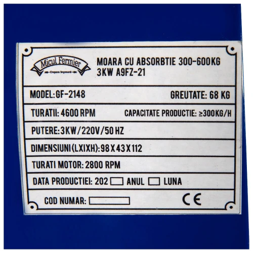 Moara cereale MF 3KW 300Kg/h suport/absorbtie 