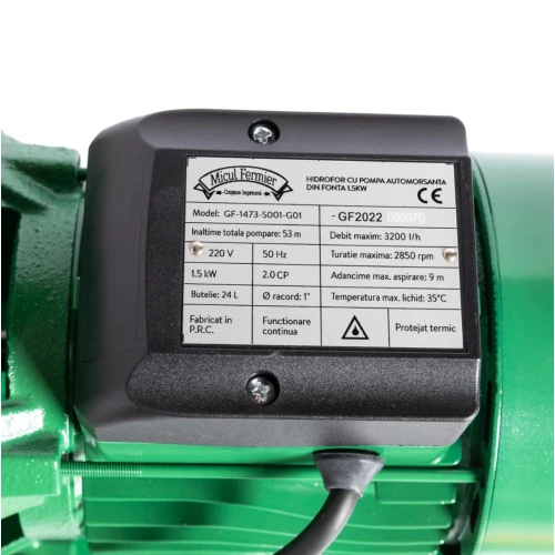 Hidrofor Micul Fermier 1.5 kW, debit maxim 3000l/h, inaltime maxima de pompare 53m, corp pompa fonta, capacitate vas expansiune 24 litri