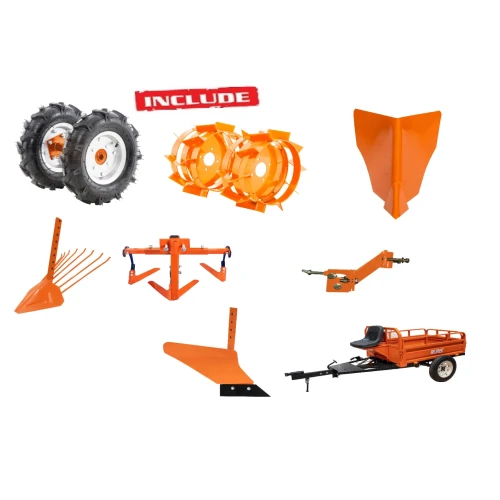 Motosapa DAC 7000ACC4 + roti cauciuc 4.00-8+rarita+plug+adaptor+dispozitiv scos cartofi+roti metalice 400 fara manicot+cultivator+remorca RURIS 450S