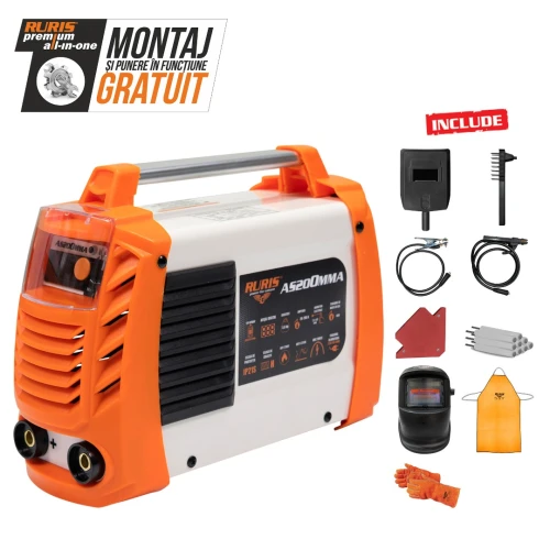 Aparat de sudura AS200MMA + KIT PRO W3 RURIS, aparat tip invertor, tip sudura MMA, diametru electrozi 2.5 mm - 4 mm, afisaj digital