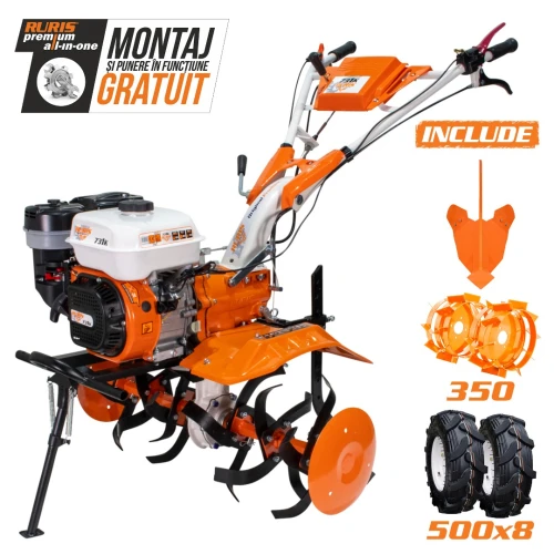 Motocultor RURIS 731K, 8.5 CP, 4 timpi, 83 cm latime lucru, reductor fonta, 3.6 l, benzina, roti cauciuc, rarita, roti metalice