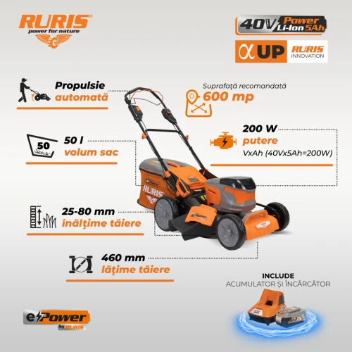 Masina de tuns gazon pe acumulator RURIS RXI RXRI4645Ae, latime taiere 460 mm, inaltime de lucru 25-80 mm, cu acumulator Li-Ion 20 V 5 Ah, incarcator