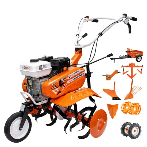 Motosapa DAC 7000ACC4 + roti cauciuc 4.00-8+rarita+plug+adaptor+dispozitiv scos cartofi+roti metalice 400 fara manicot+cultivator+remorca RURIS 450S