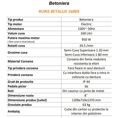 Betoniera Ruris Betalux 1600X