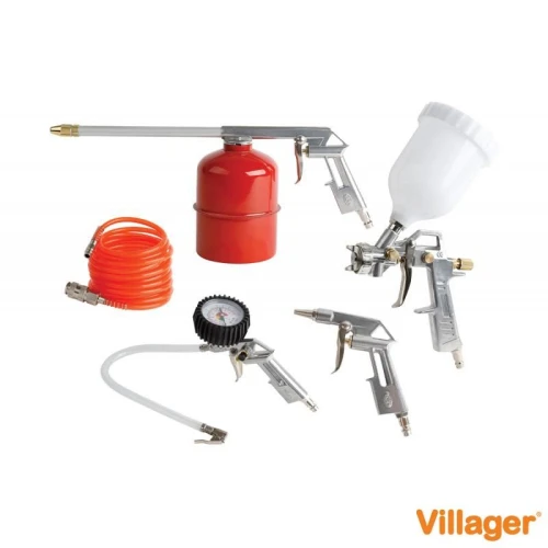 Set 5 accesorii compresor VILLAGER VAT S5 5/1, Pistol de vulcanizare, Pistol vopsit, Suflanta, Lubrifiant, Furtun pneumatic