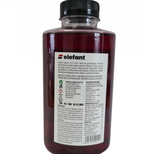 Ulei 0.5L, rosu amestec, motoare 2T, 30 ml/l, Elefant