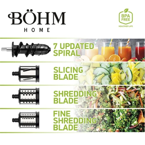 Storcător de fructe și legume cu presare la rece și răzătoare multifuncțională, 150 W,Material Fără BPA, BÖHM BM1533SM