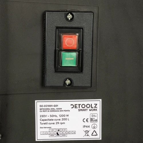 Betoniera Detoolz 200L, 1200W, cu roti si coroana de fonta