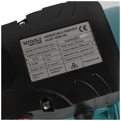 Hidrofor Detoolz 0.75 kW, debit 3300l/h, inaltime de pompare 45m, carcasa pompa fonta, volum butelie 24 litri