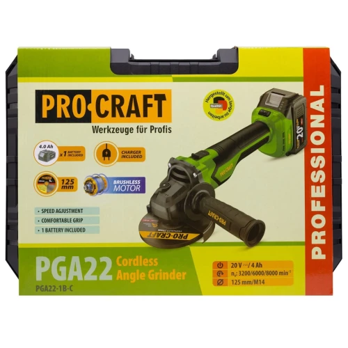 Polizor unghiular pe acumulator PROCRAFT PGA22 1 × acumulator 20V / 4Ah, Brushless