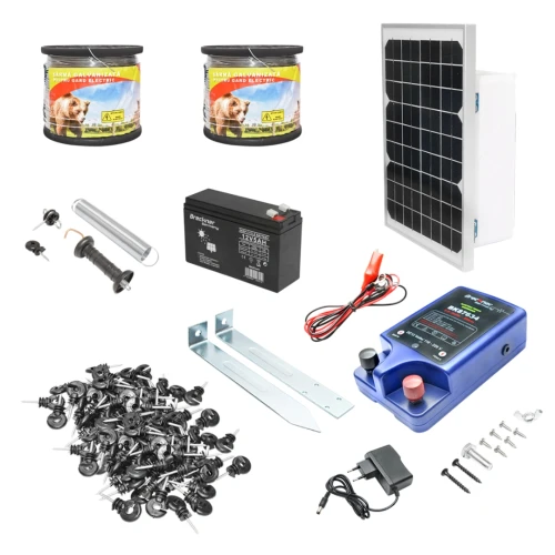 Kit complet gard electric 12/220V, 2 Joule cu panou solar 20W, lungime sarma 1000m, 100 izolatori, kit poarta si baterie 12V/17Ah Breckner Germany