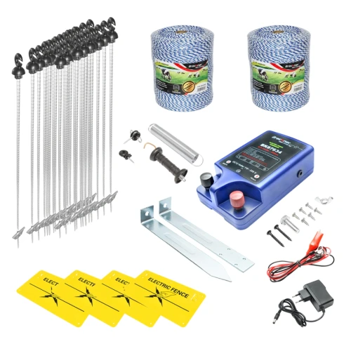 Kit complet gard electric 12/220V, 2 Joule, lungime fir 2000m, 100 stalpi, kit poarta si 4 placute avertizare Breckner Germany