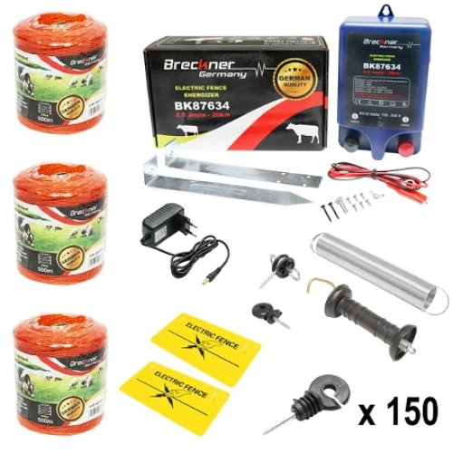 Kit complet gard electric 12/220V, 3 Joule lungime fir 1500m, 150 izolatori si placute avertizare Breckner Germany