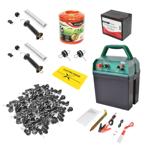 Kit complet gard electric 9/12V, 0,21 Joule, lungime fir 500m, 100 izolatori, manere poarta, placuta avertizare si baterie uscata (nereincarcabila) 9V/90Ah Breckner Germany