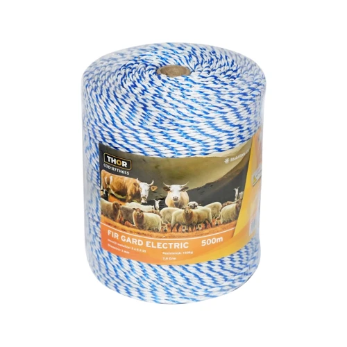 Rola fir alb-albastru fi 3mm insertie metalica 3x0.2mm SS, rezistenta 7.8 Ohm/m, 500m gard electric Thor