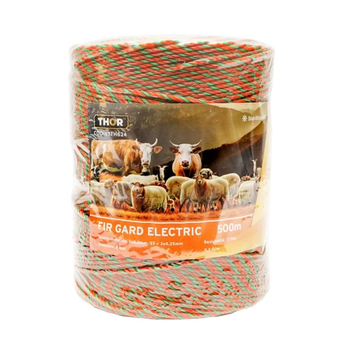 Rola fir portocaliu-verde fi 3mm insertie metalica 3x0.2mm SS+2x0.25mm, rezistenta 0.2 Ohm/m, 500m gard electric Thor