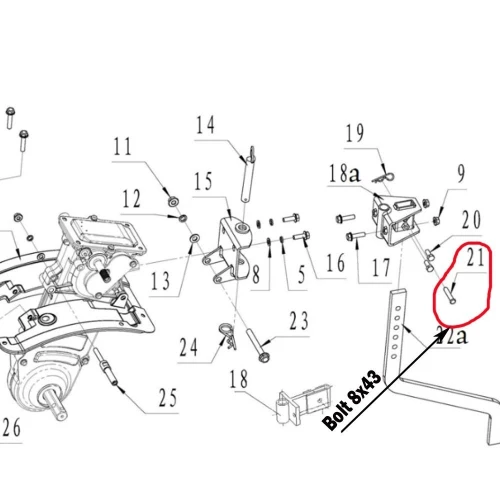 Bolt suport picior RURIS PS6500k-3-21, 8 x 43 mm, pentru motosapa Ruris 6 cp, 6.5 cp, 7 cp