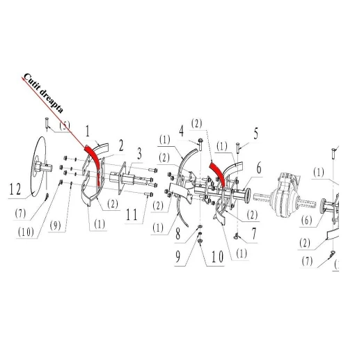 Cutit dreapta RURIS PS6500k-7-2, distanta gauri fixare 70 mm, pentru motosapa Dac, Ruris, Gigant, Zimbru