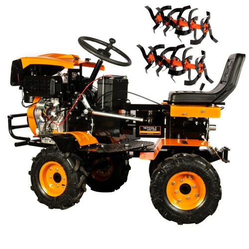 Motocultivator Ride-On Detoolz, 17CP, capacitate cilindrica 530 CC, motor 4 timpi, 4X4, 4 viteze, 2 cutii de viteze, pornire electrica