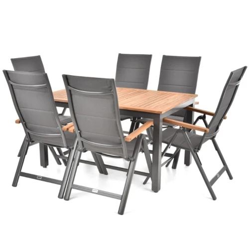Set mobilier pentru gradina HECHT Montana, aluminiu/lemn, masa 140/180 x 90 x 77.5 cm, 6 x scaune 69 x 59 x 111.5 cm