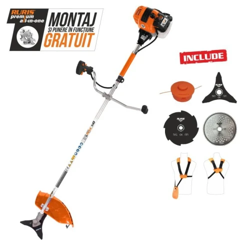 Motocoasa de umar RURIS DAC 510, motor benzina 2T, 62 CC, 3.5 CP, diametru taiere 250 mm, cu disc de tuns iarba cu 3 dinti, 8 dinti, 80 dinti Vidia